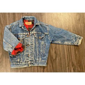 VTG Levi's Jeans Denim Trucker Jacket Red Buffalo Plaid Lined Youth S Adult XS.